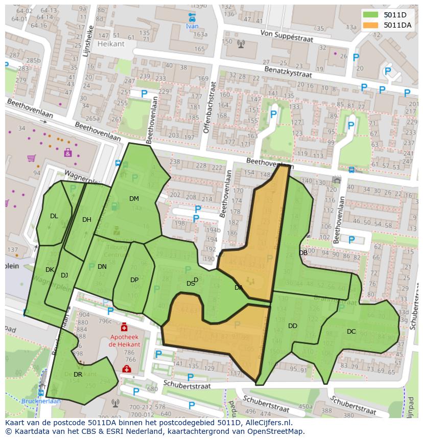 Afbeelding van het postcodegebied 5011 DA op de kaart.