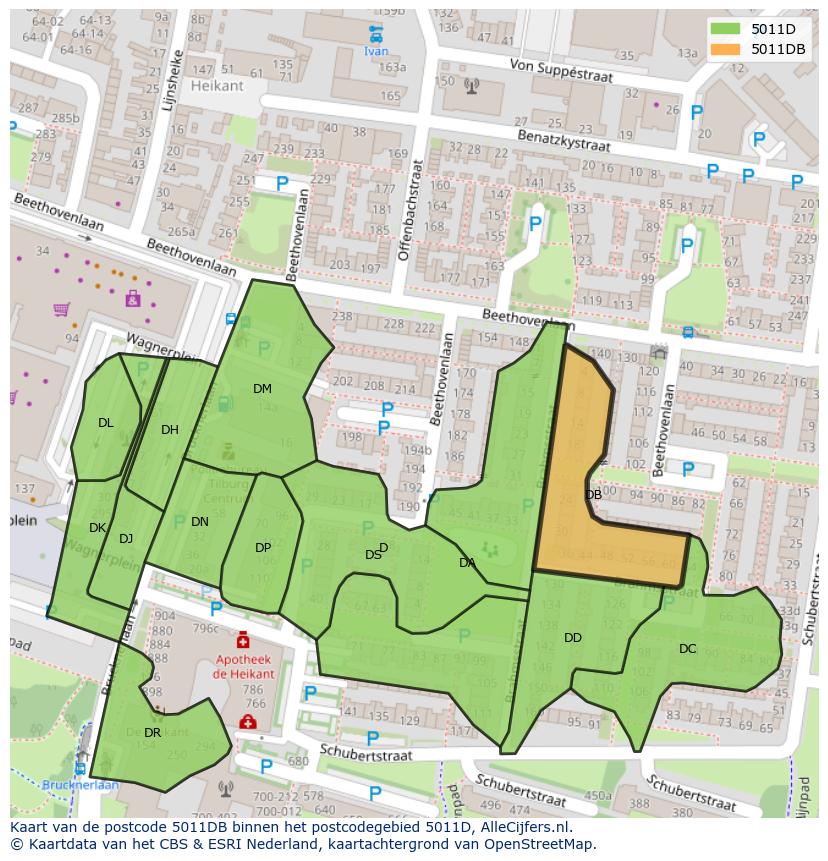 Afbeelding van het postcodegebied 5011 DB op de kaart.