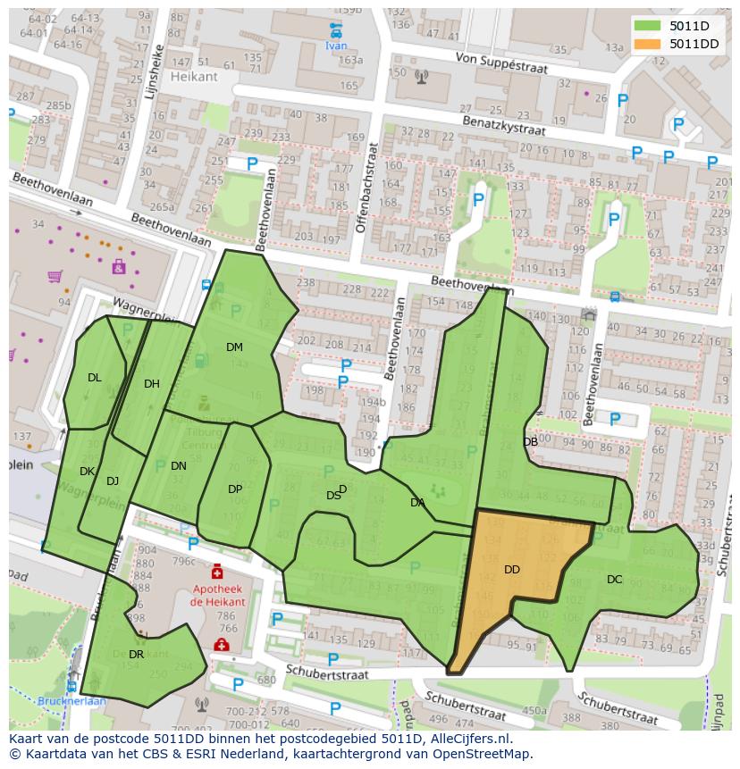 Afbeelding van het postcodegebied 5011 DD op de kaart.