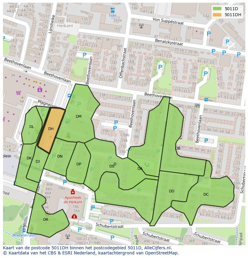 Afbeelding van het postcodegebied 5011 DH op de kaart.
