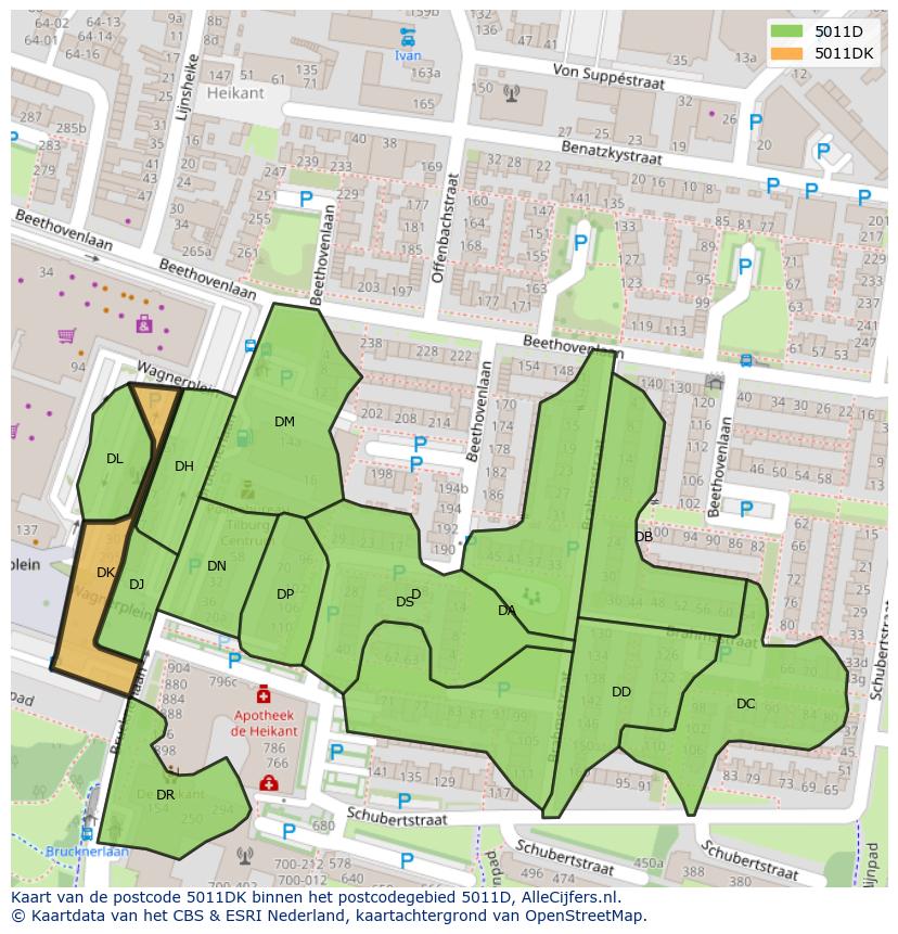 Afbeelding van het postcodegebied 5011 DK op de kaart.