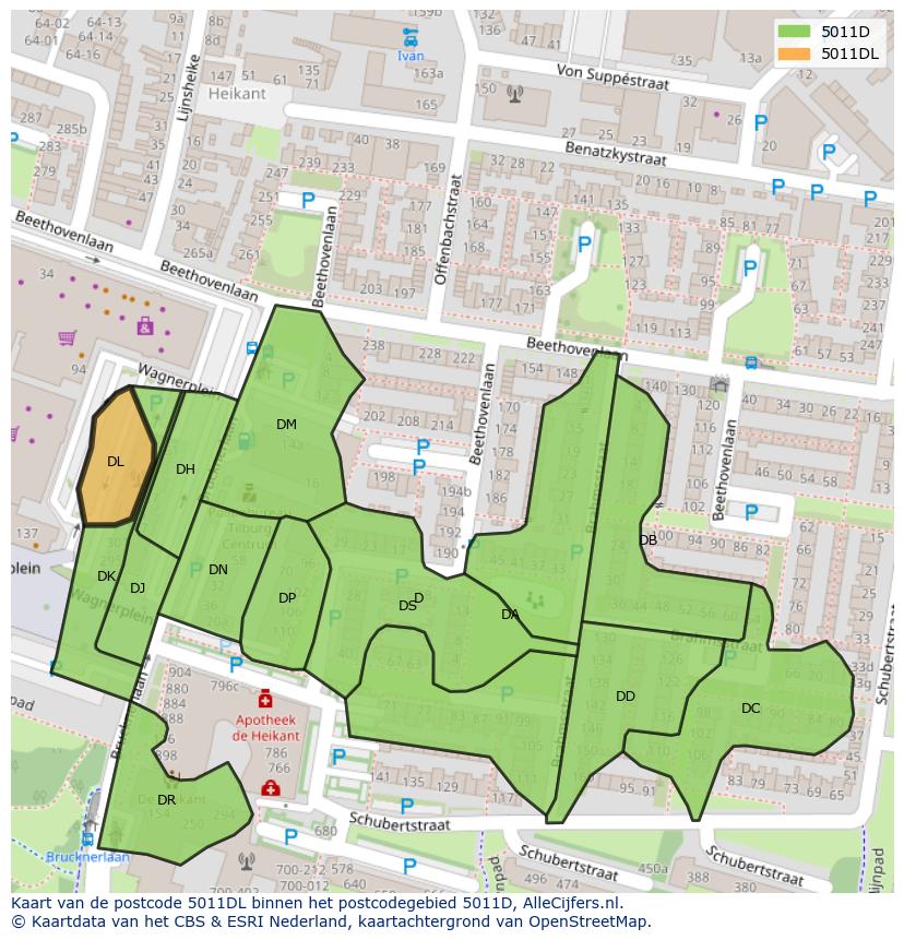 Afbeelding van het postcodegebied 5011 DL op de kaart.