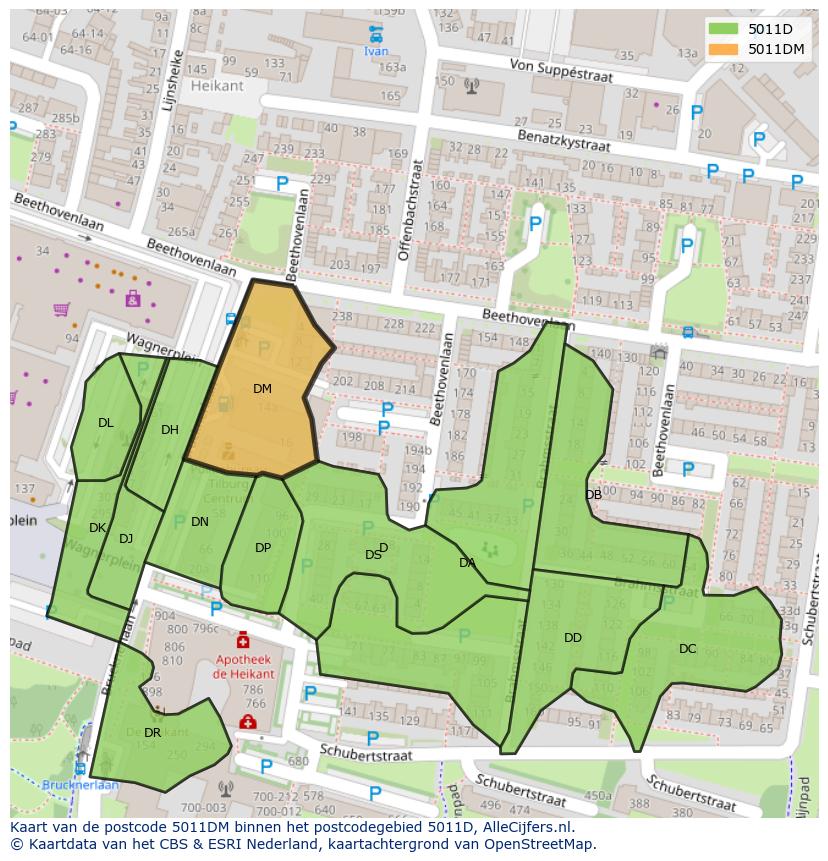 Afbeelding van het postcodegebied 5011 DM op de kaart.