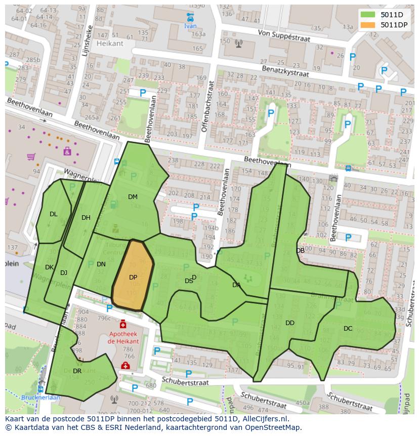 Afbeelding van het postcodegebied 5011 DP op de kaart.