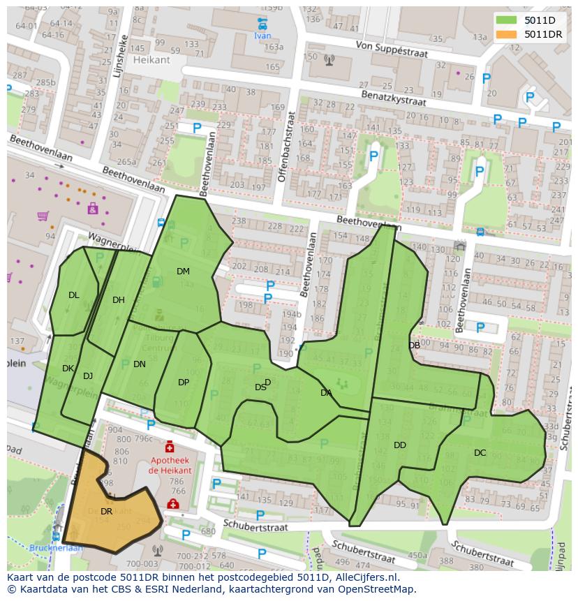 Afbeelding van het postcodegebied 5011 DR op de kaart.