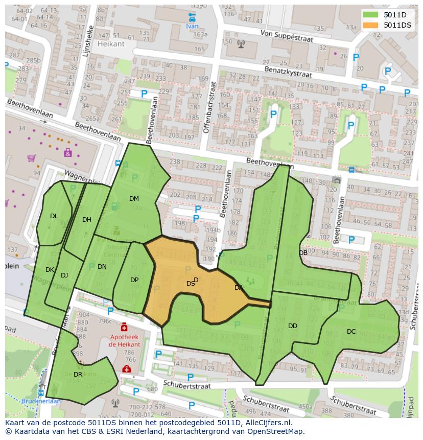Afbeelding van het postcodegebied 5011 DS op de kaart.