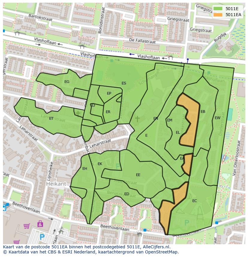 Afbeelding van het postcodegebied 5011 EA op de kaart.