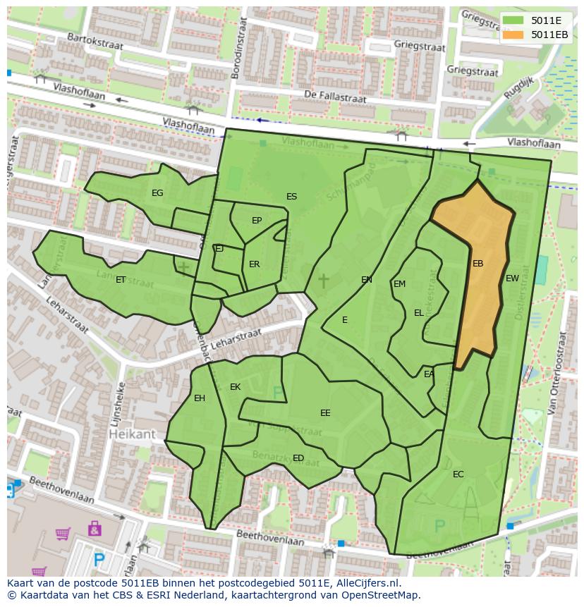 Afbeelding van het postcodegebied 5011 EB op de kaart.