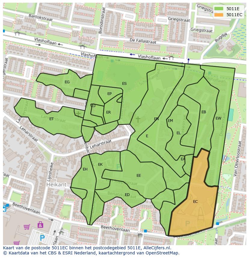 Afbeelding van het postcodegebied 5011 EC op de kaart.