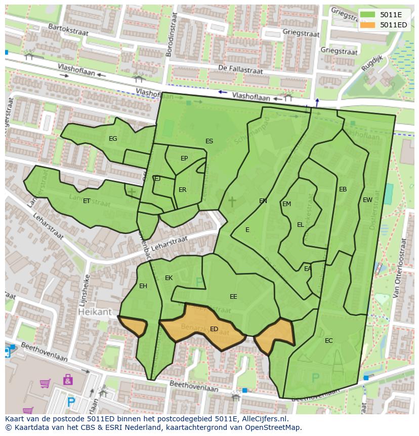 Afbeelding van het postcodegebied 5011 ED op de kaart.