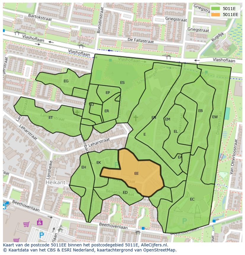 Afbeelding van het postcodegebied 5011 EE op de kaart.