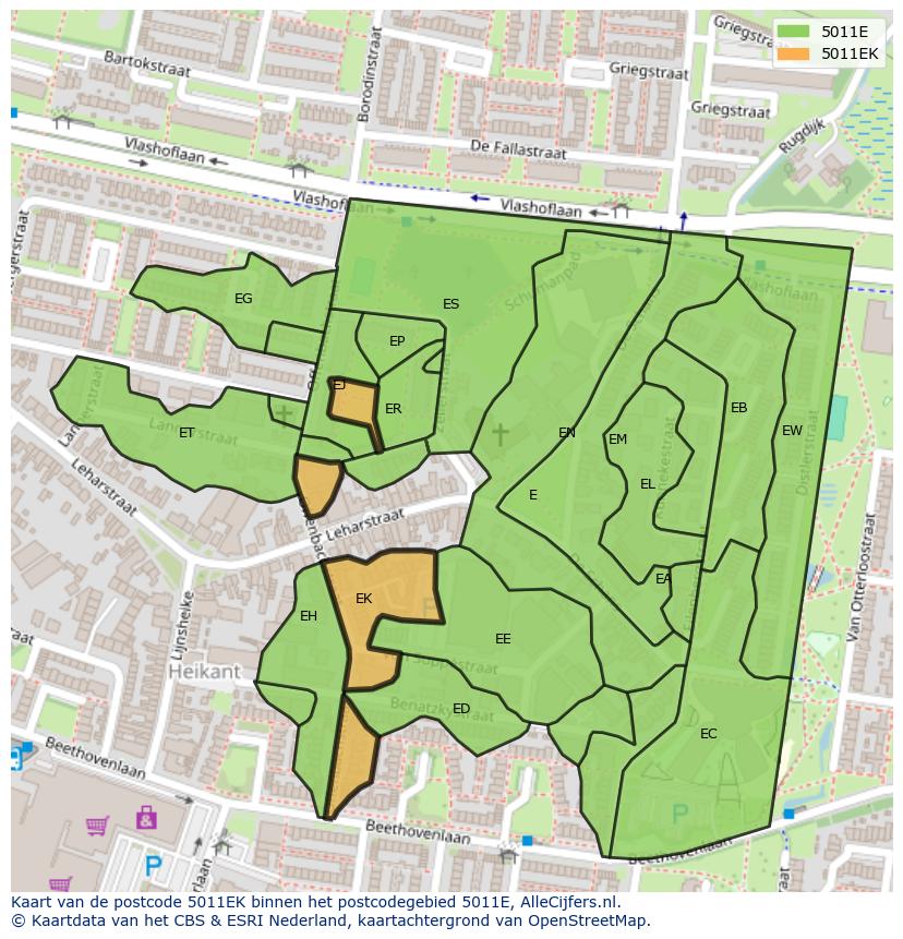 Afbeelding van het postcodegebied 5011 EK op de kaart.
