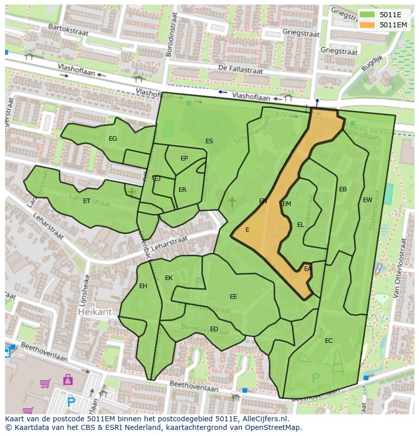 Afbeelding van het postcodegebied 5011 EM op de kaart.
