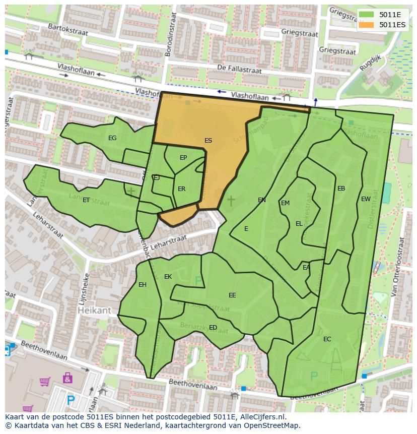 Afbeelding van het postcodegebied 5011 ES op de kaart.