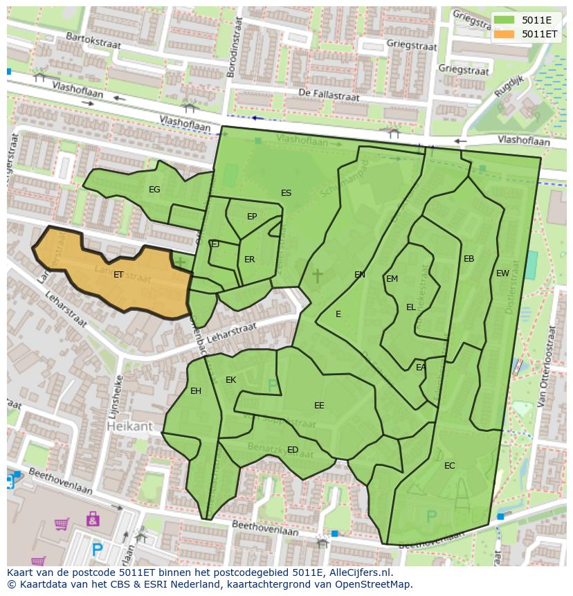 Afbeelding van het postcodegebied 5011 ET op de kaart.
