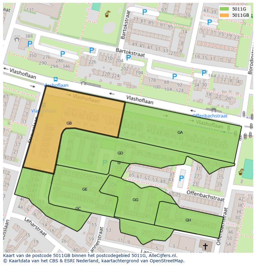 Afbeelding van het postcodegebied 5011 GB op de kaart.