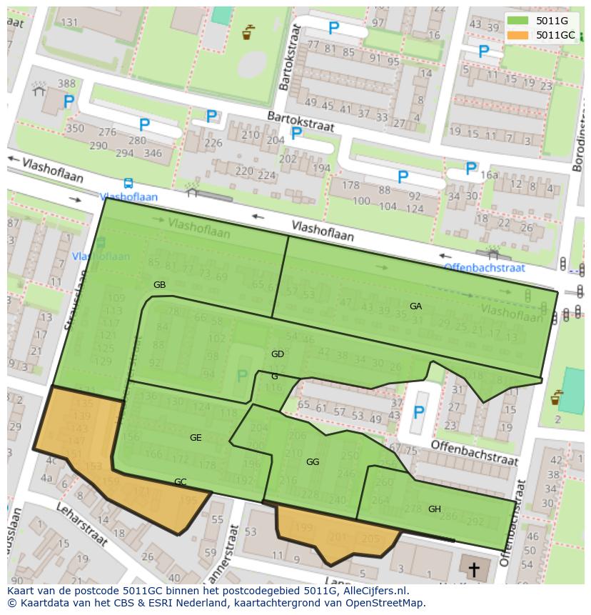 Afbeelding van het postcodegebied 5011 GC op de kaart.