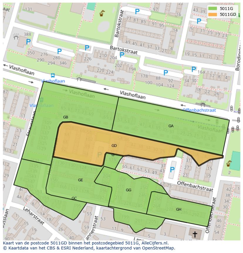 Afbeelding van het postcodegebied 5011 GD op de kaart.