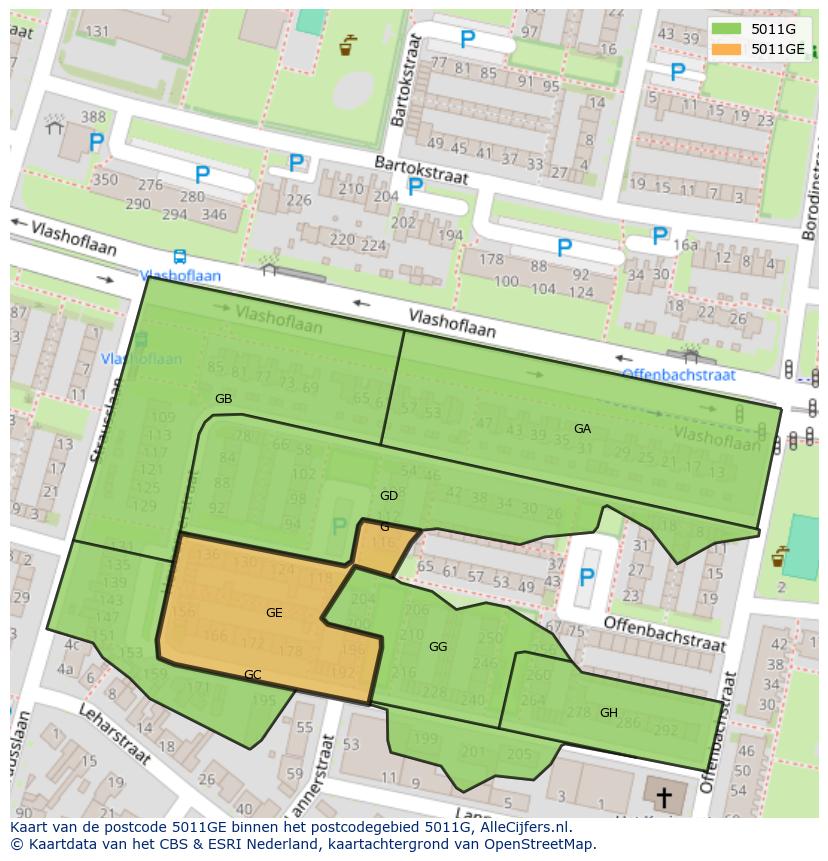 Afbeelding van het postcodegebied 5011 GE op de kaart.