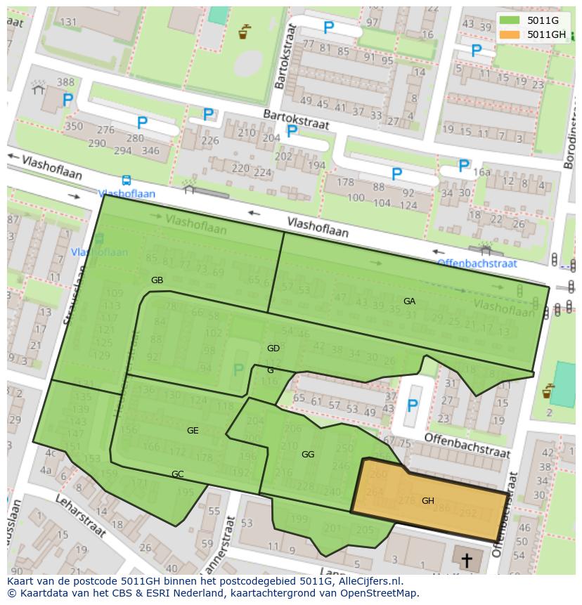 Afbeelding van het postcodegebied 5011 GH op de kaart.