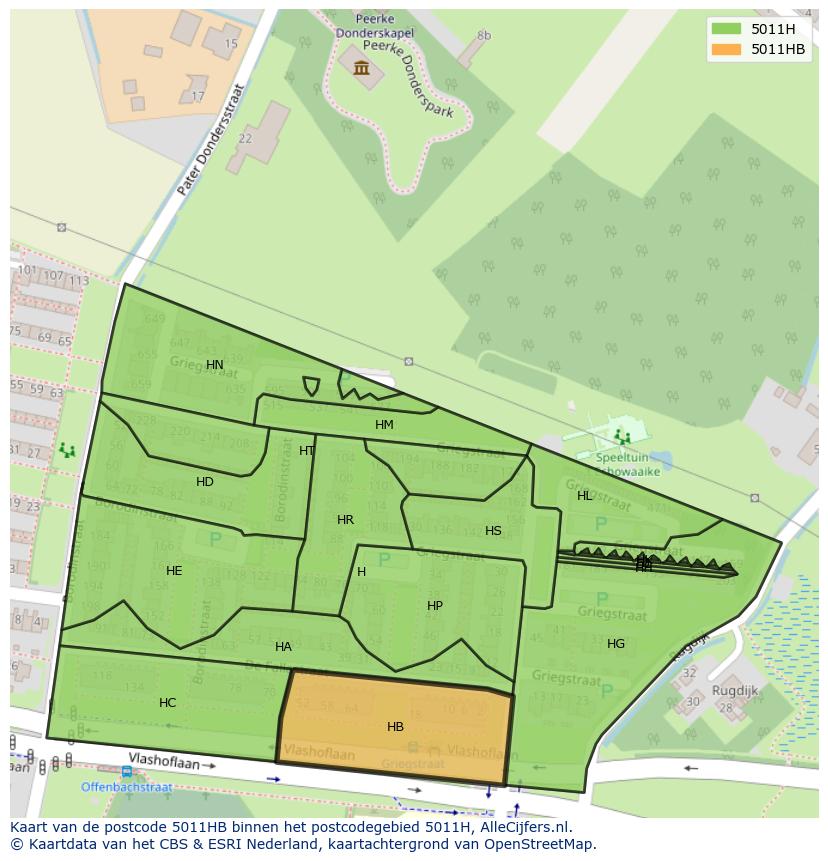 Afbeelding van het postcodegebied 5011 HB op de kaart.