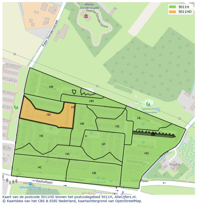 Afbeelding van het postcodegebied 5011 HD op de kaart.