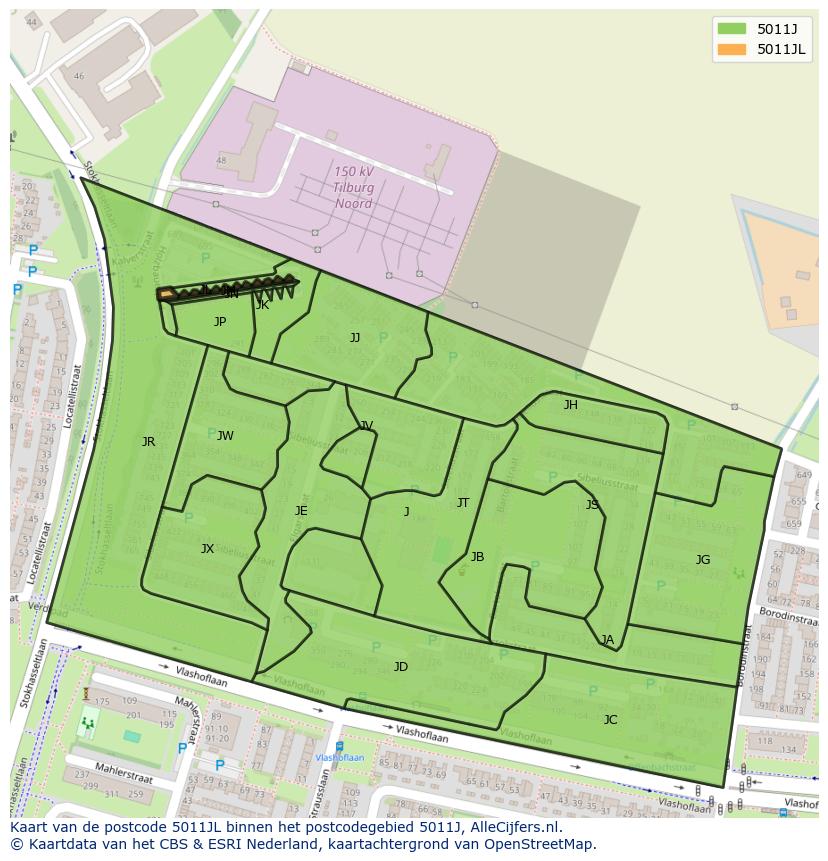 Afbeelding van het postcodegebied 5011 JL op de kaart.