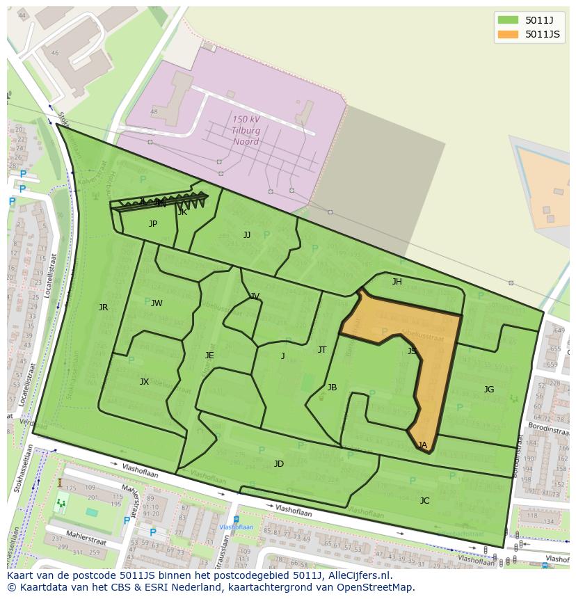 Afbeelding van het postcodegebied 5011 JS op de kaart.