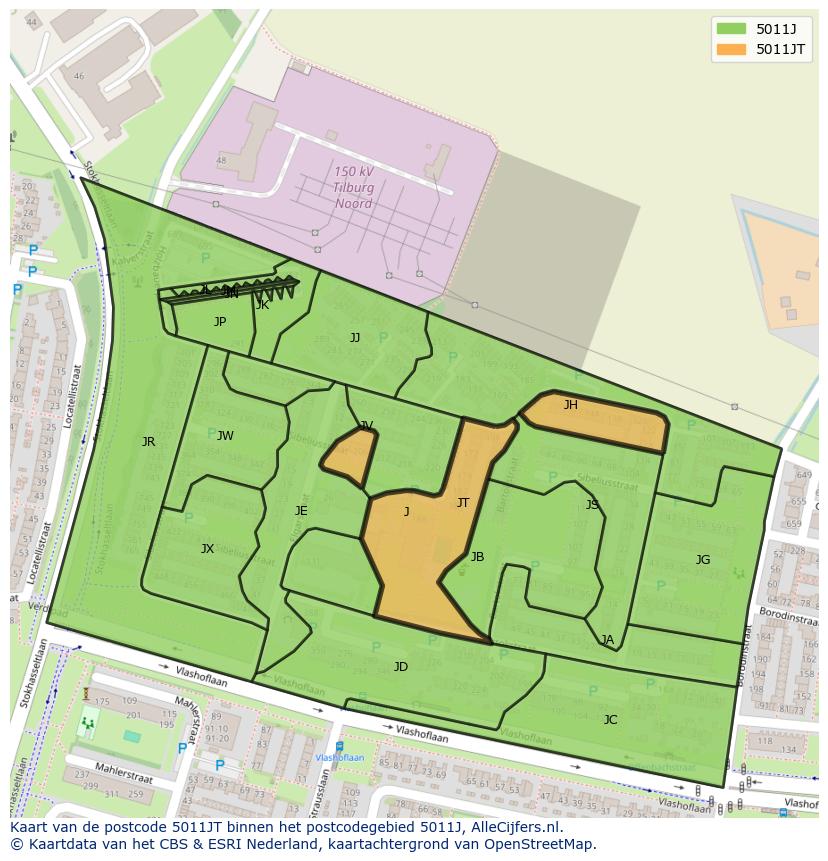 Afbeelding van het postcodegebied 5011 JT op de kaart.
