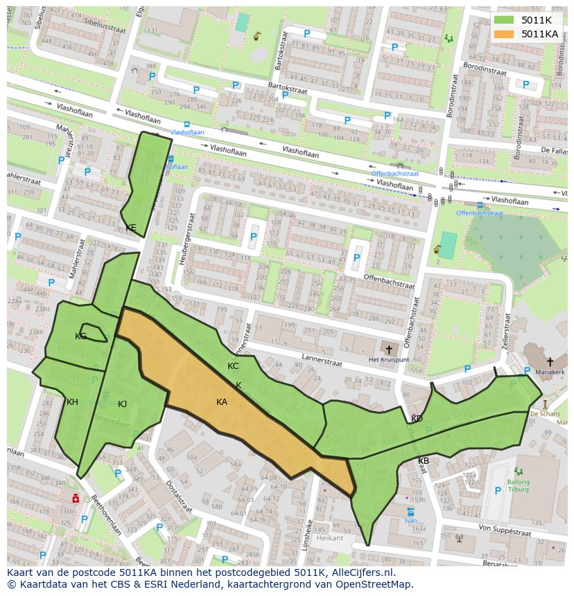 Afbeelding van het postcodegebied 5011 KA op de kaart.
