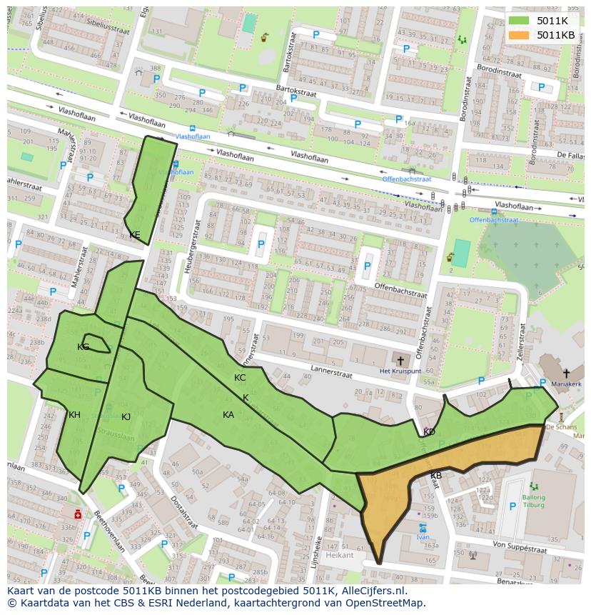 Afbeelding van het postcodegebied 5011 KB op de kaart.