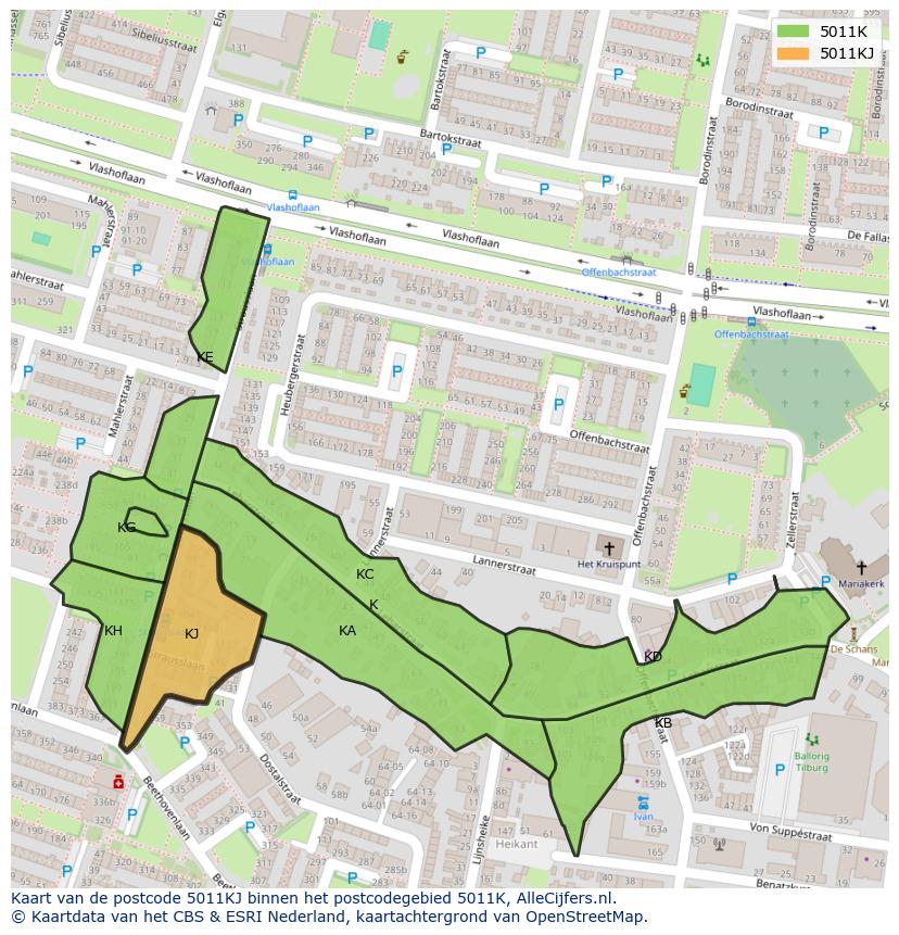 Afbeelding van het postcodegebied 5011 KJ op de kaart.