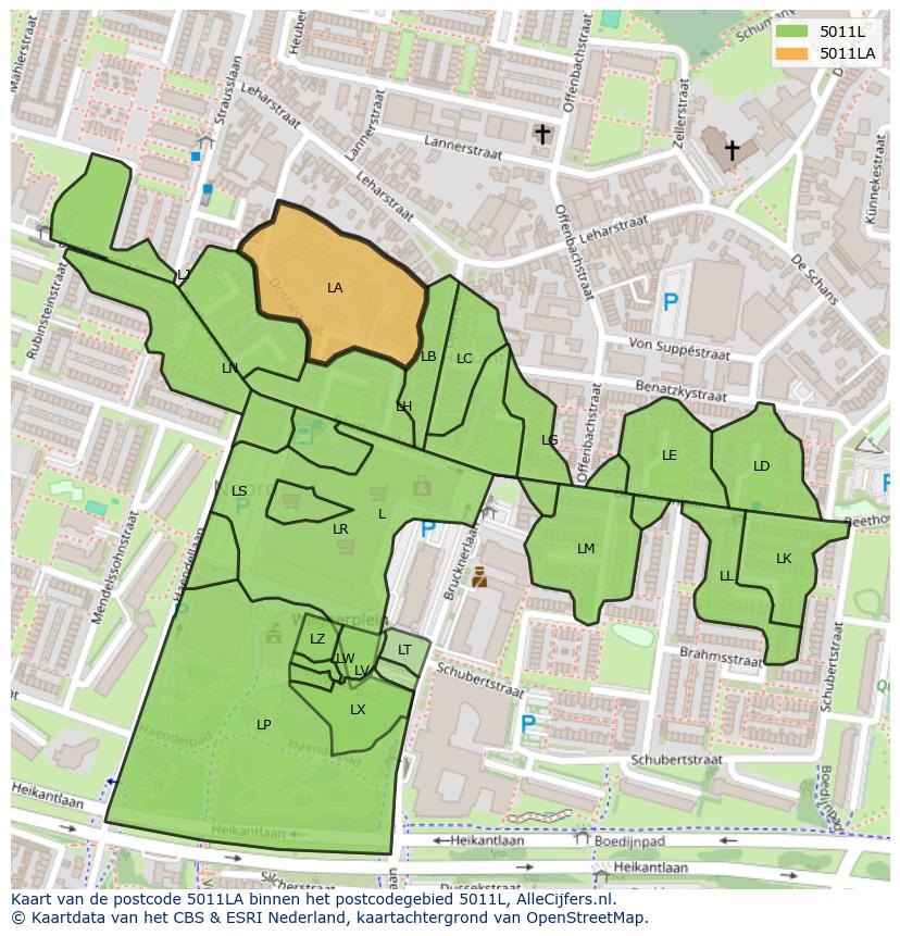 Afbeelding van het postcodegebied 5011 LA op de kaart.