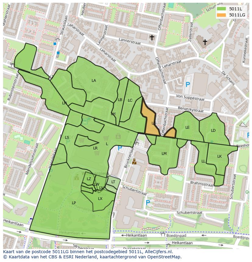 Afbeelding van het postcodegebied 5011 LG op de kaart.