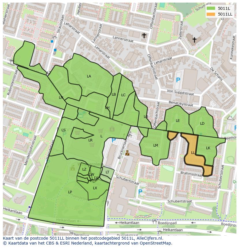 Afbeelding van het postcodegebied 5011 LL op de kaart.