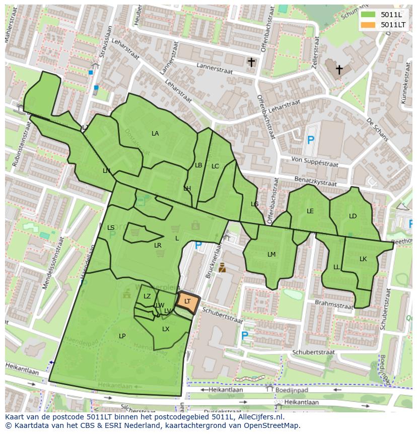 Afbeelding van het postcodegebied 5011 LT op de kaart.