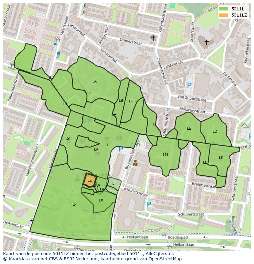 Afbeelding van het postcodegebied 5011 LZ op de kaart.
