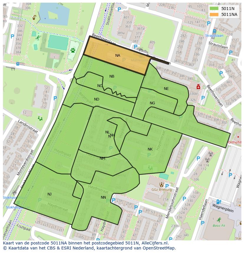 Afbeelding van het postcodegebied 5011 NA op de kaart.