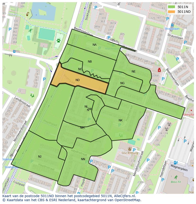 Afbeelding van het postcodegebied 5011 ND op de kaart.