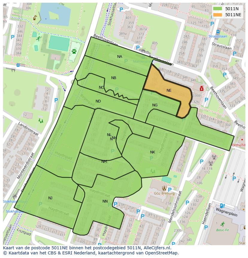 Afbeelding van het postcodegebied 5011 NE op de kaart.