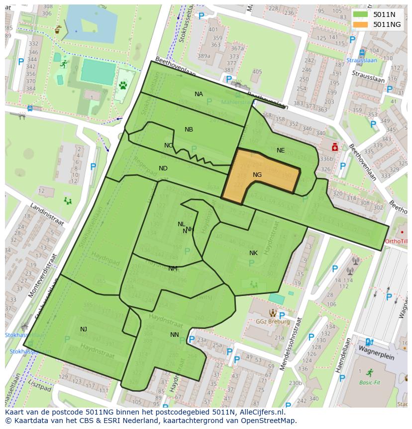 Afbeelding van het postcodegebied 5011 NG op de kaart.