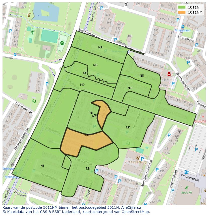 Afbeelding van het postcodegebied 5011 NM op de kaart.