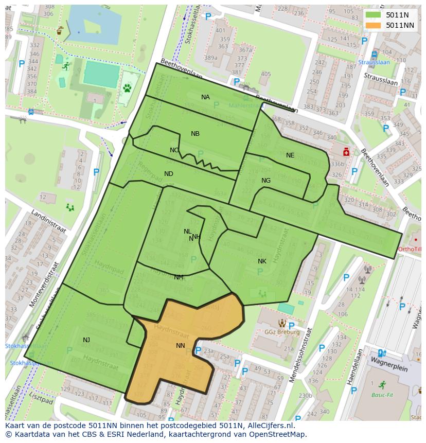 Afbeelding van het postcodegebied 5011 NN op de kaart.