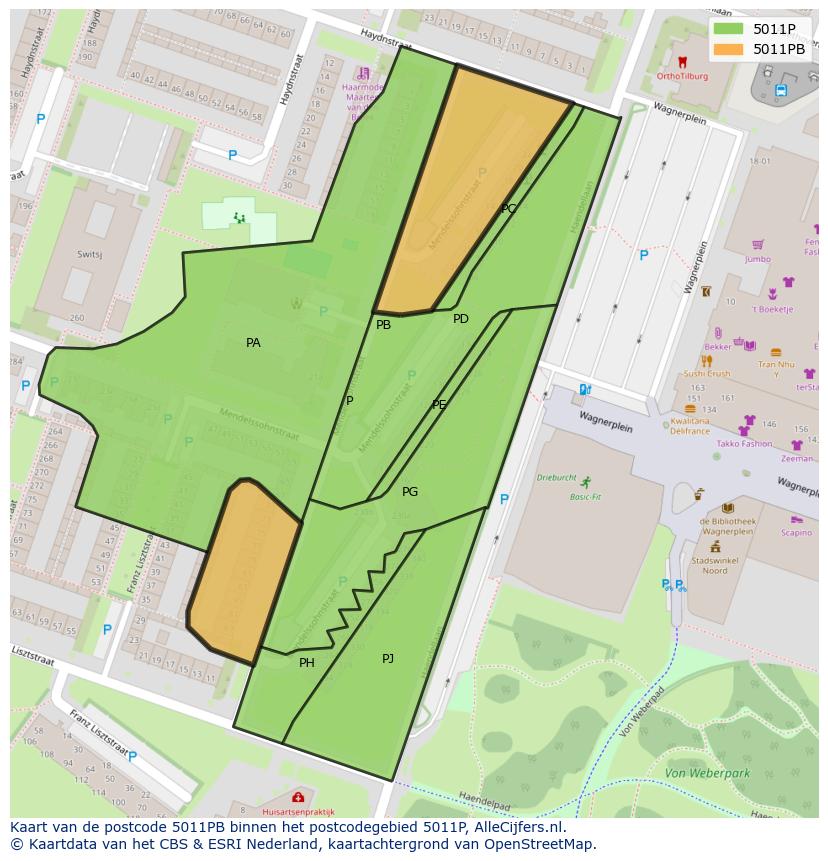 Afbeelding van het postcodegebied 5011 PB op de kaart.
