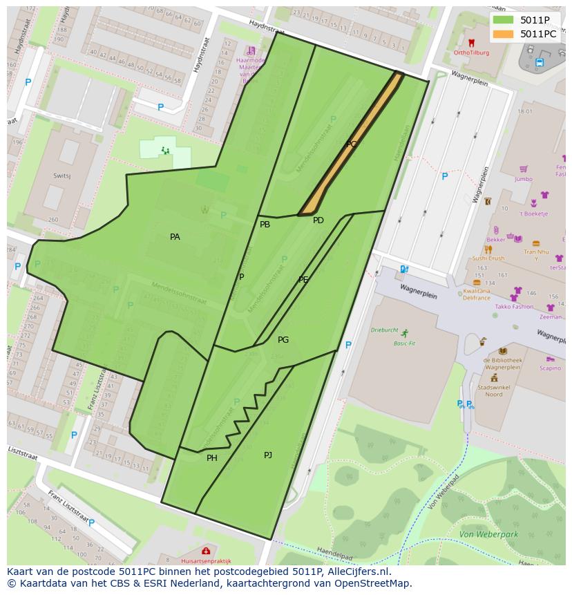 Afbeelding van het postcodegebied 5011 PC op de kaart.