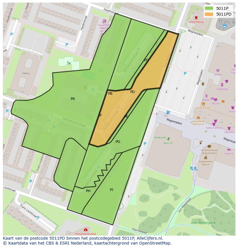 Afbeelding van het postcodegebied 5011 PD op de kaart.
