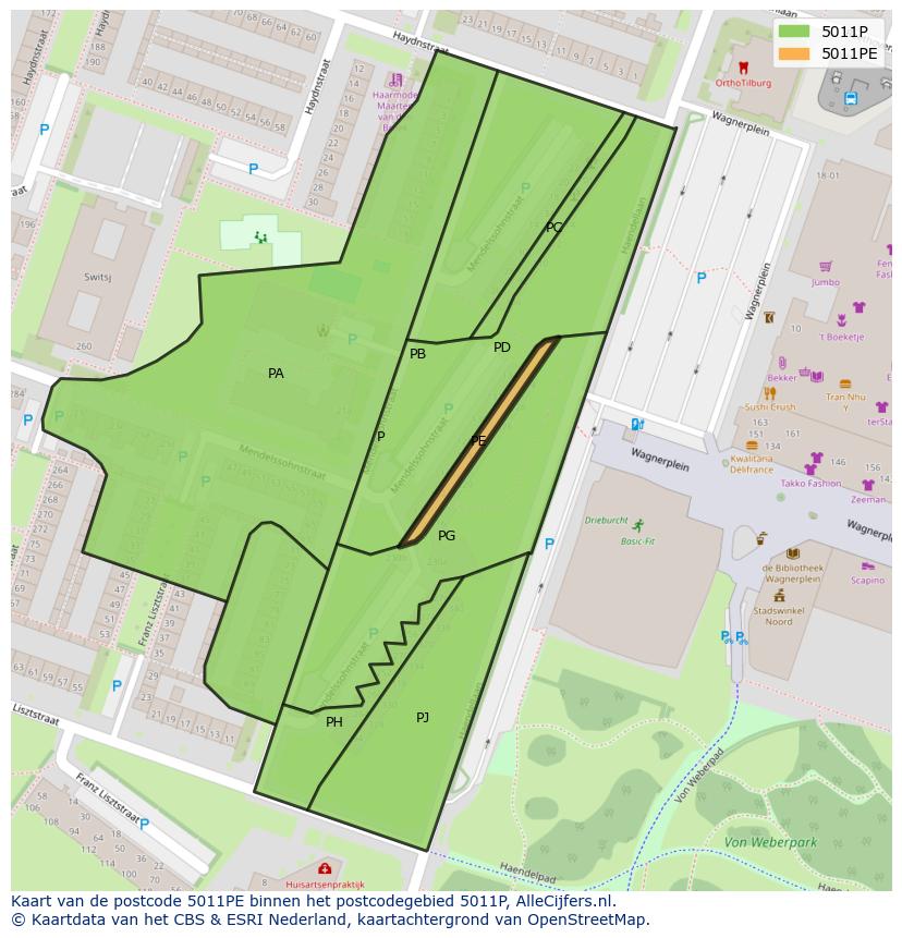 Afbeelding van het postcodegebied 5011 PE op de kaart.
