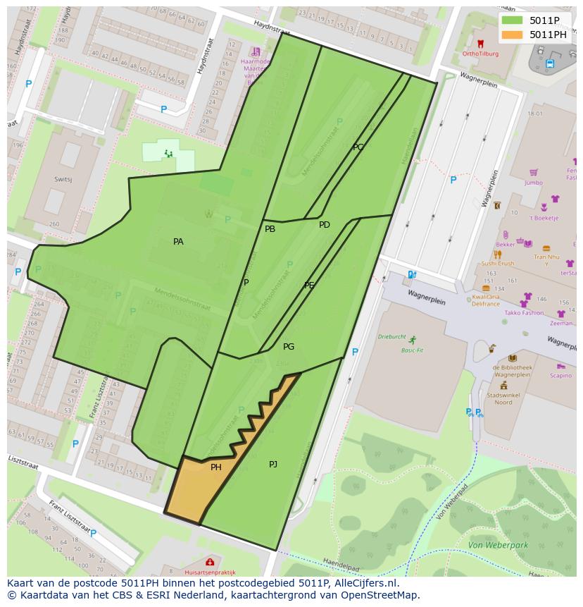 Afbeelding van het postcodegebied 5011 PH op de kaart.