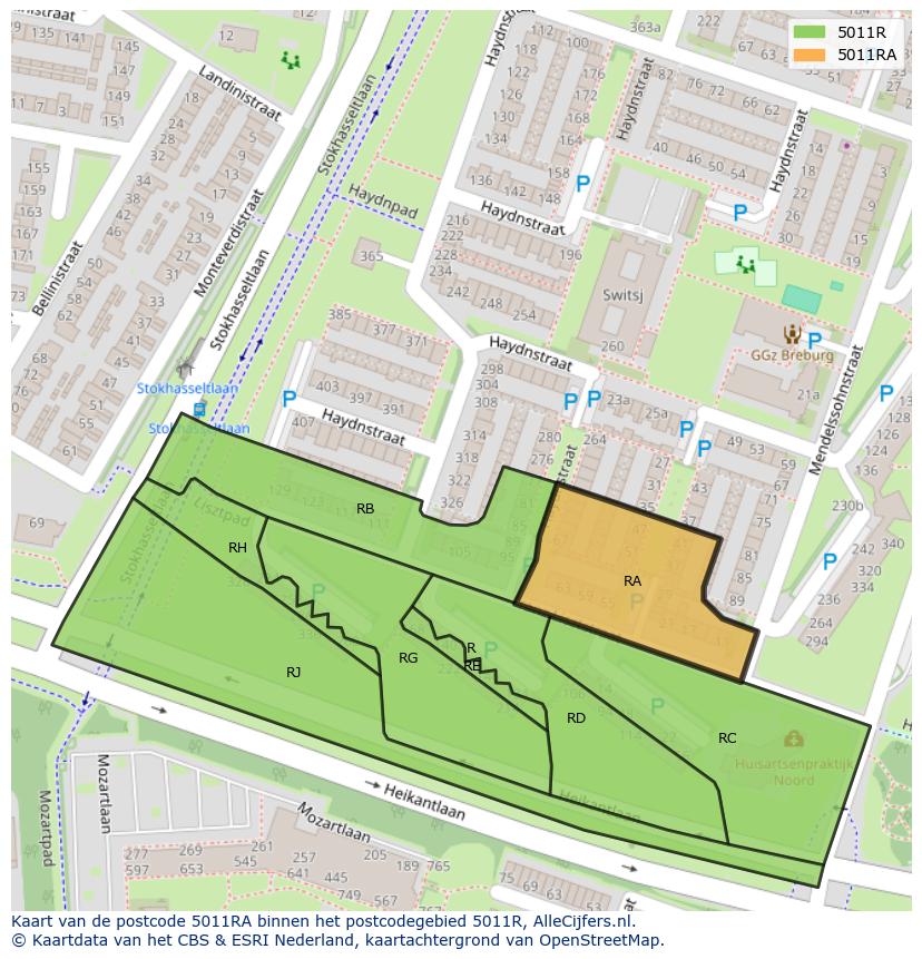 Afbeelding van het postcodegebied 5011 RA op de kaart.