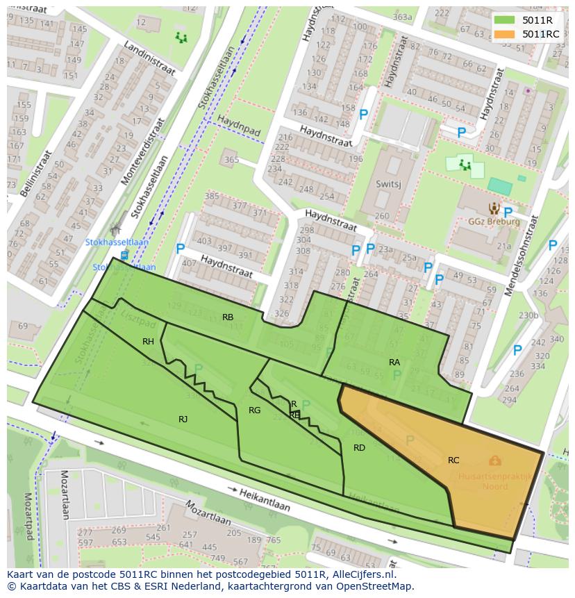 Afbeelding van het postcodegebied 5011 RC op de kaart.